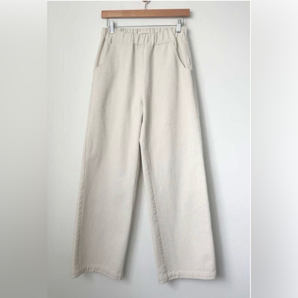 High-Rise Wide-Leg Cream Pants with Elastic Waist